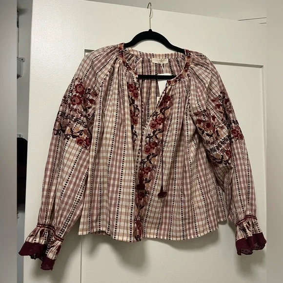 Ulla Johnson Plaid Blouse with Floral Accents - Picture 1 of 4